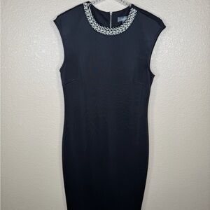 Neiman Marcus Black Sleeveless Sheath Dress with Pearl Collar